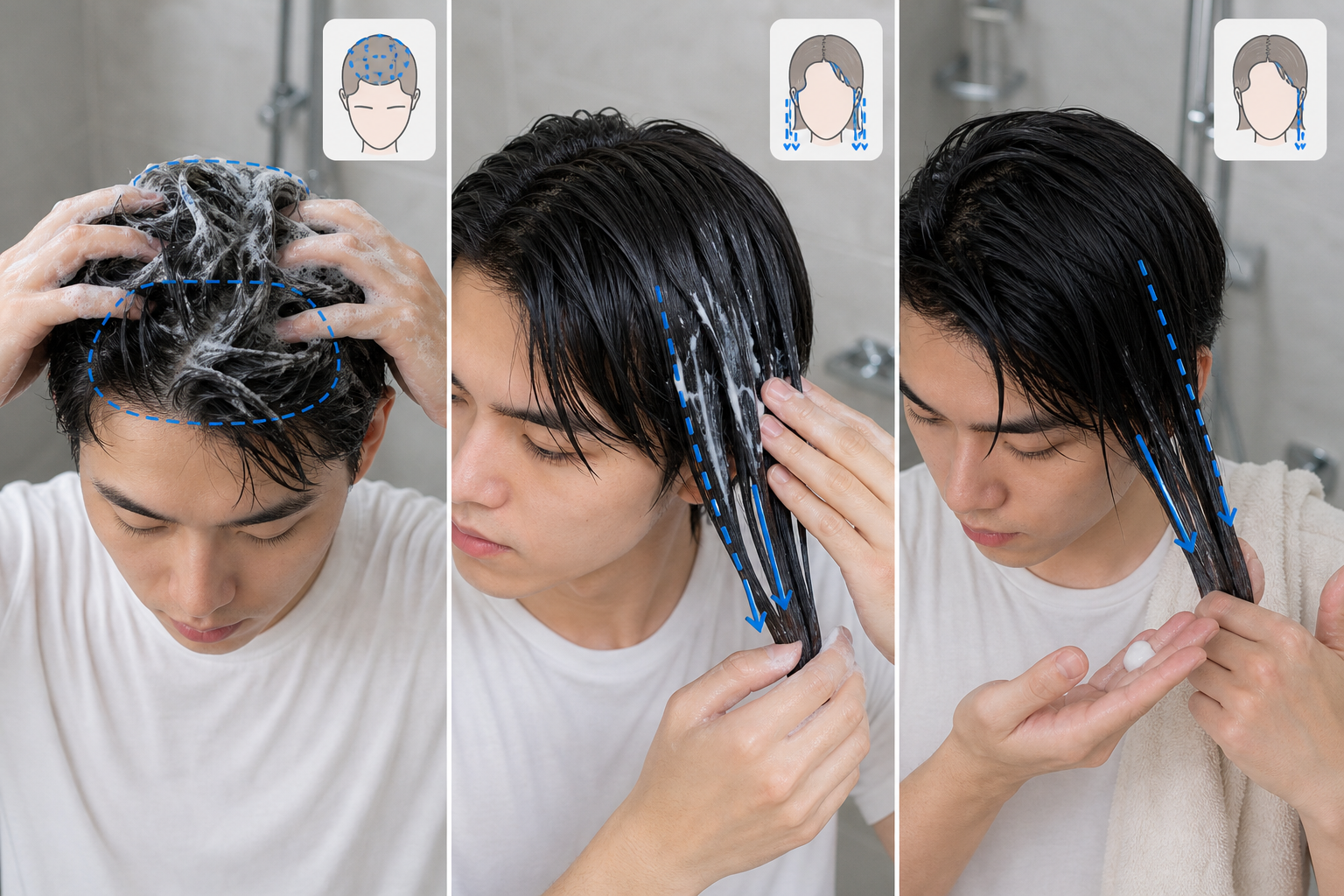 Người đàn ông đang gội đầu và vuốt dầu xả dọc thân tóc ướt trong phòng tắm, minh họa cách làm tóc thẳng mượt cho nam