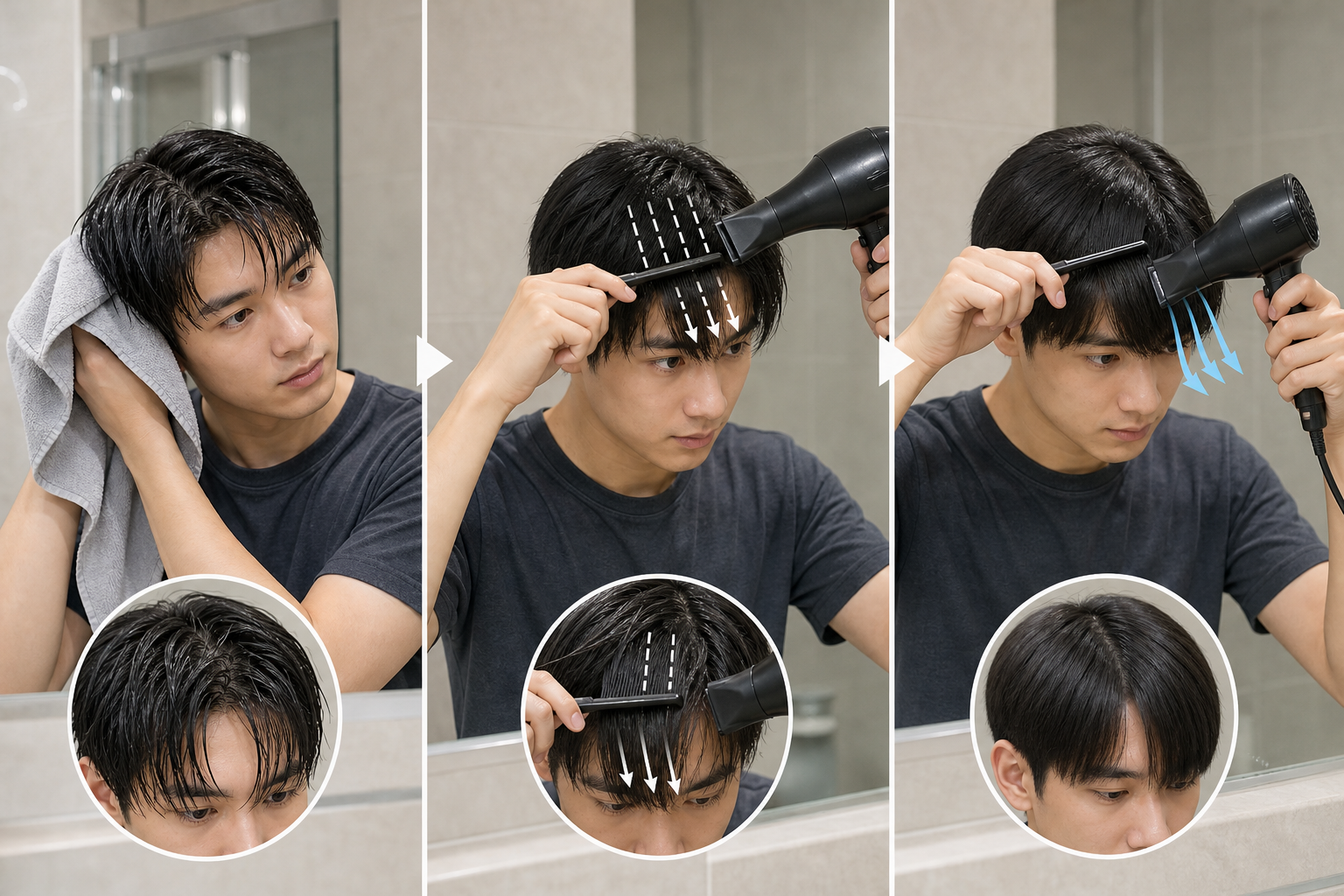 Nam giới đang sấy tóc bằng máy sấy và lược, tóc ướt được chải xuôi xuống để tạo kiểu gọn hơn