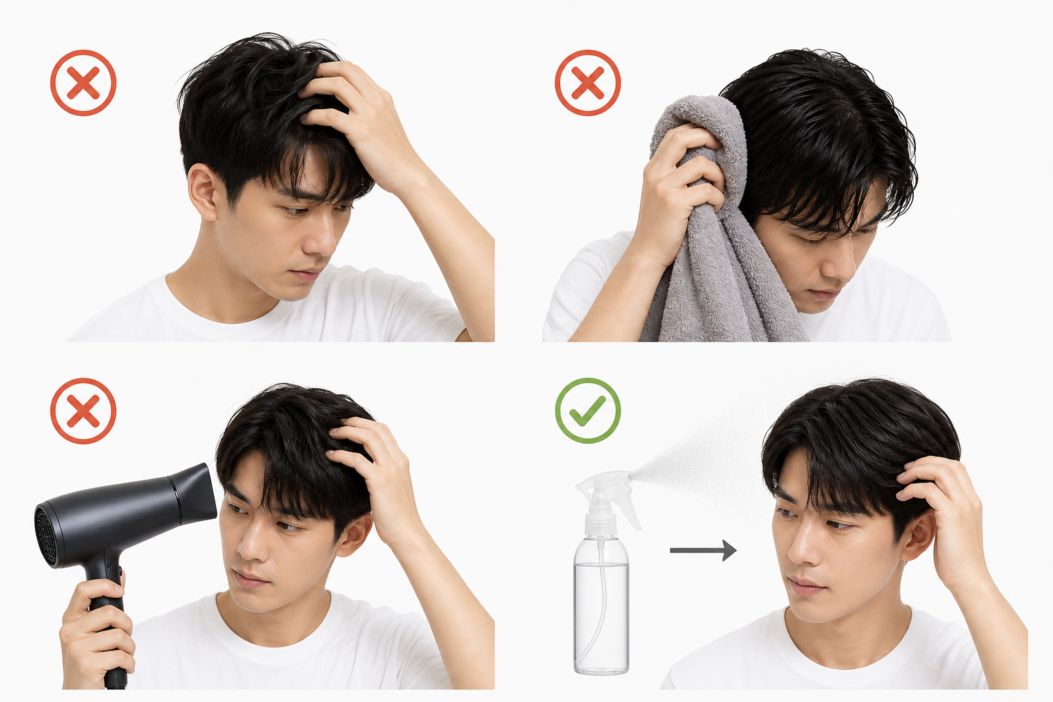 Người đàn ông trẻ chạm tóc theo bốn cách khác nhau, gồm lau bằng khăn và dùng máy sấy, kèm dấu X và dấu kiểm