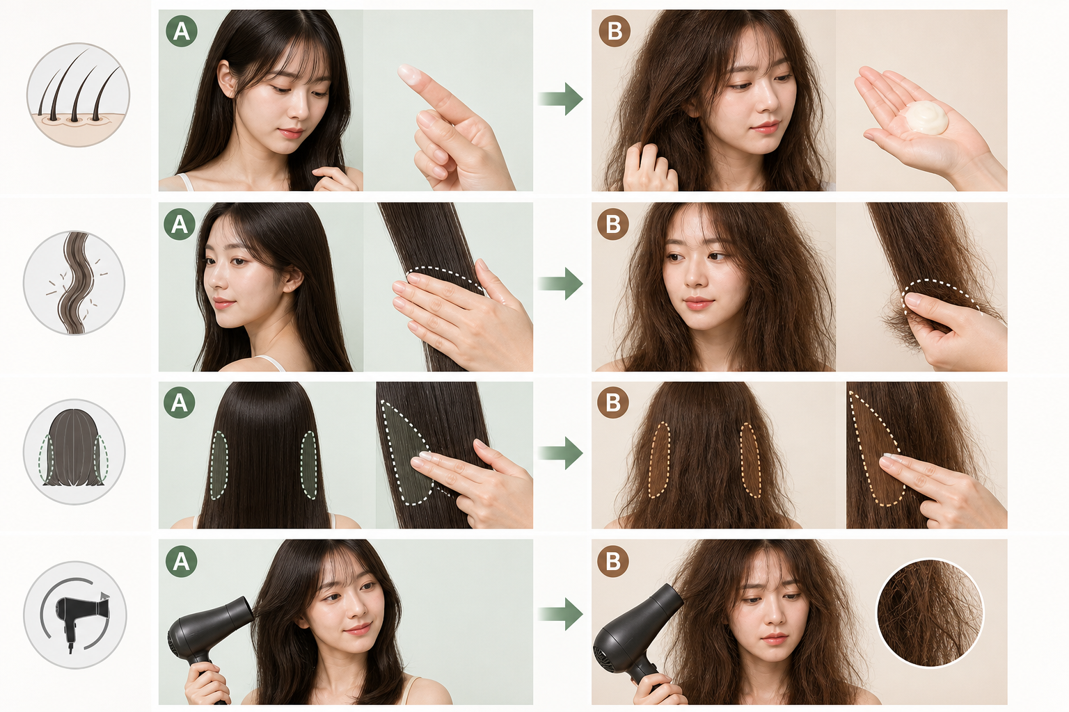 Bảng so sánh chăm sóc tóc với tóc mảnh, tóc xơ rối và máy sấy, kèm bàn tay vuốt và thoa sản phẩm lên tóc