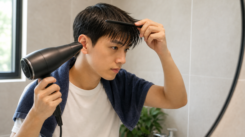 Người đàn ông đang sấy tóc bằng máy sấy và chải tóc theo hướng rủ trong phòng tắm