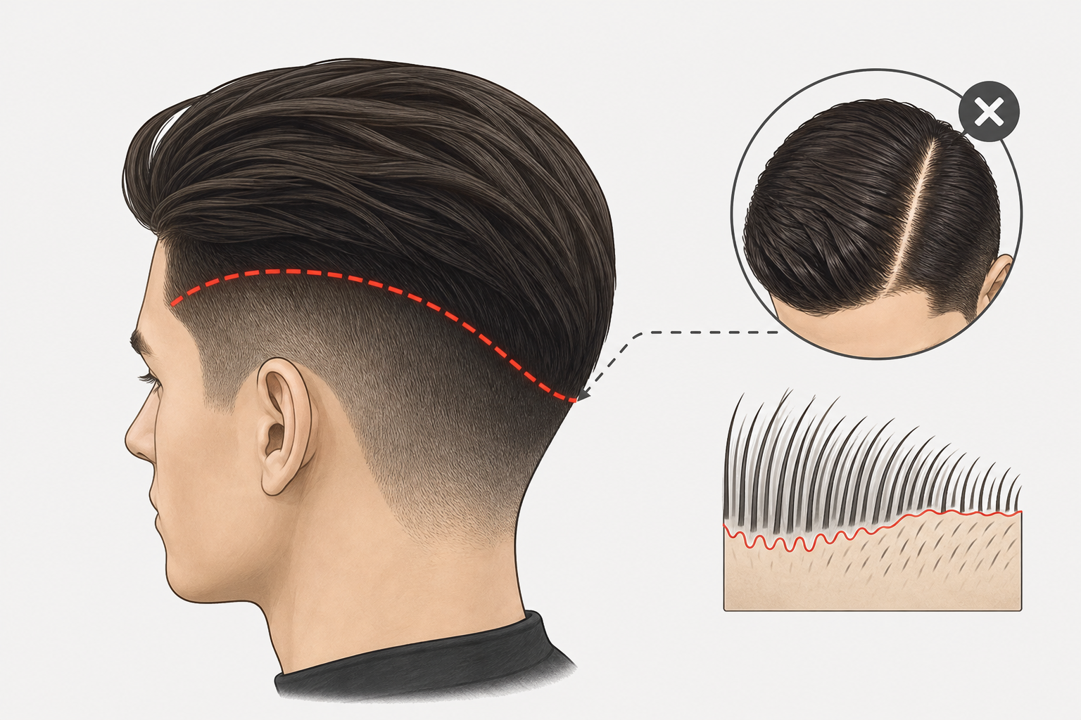 Minh họa kiểu tóc undercut nam với đường ngắt màu đỏ chạy quanh phần tóc dài phía trên và phần tóc ngắn hai bên.
