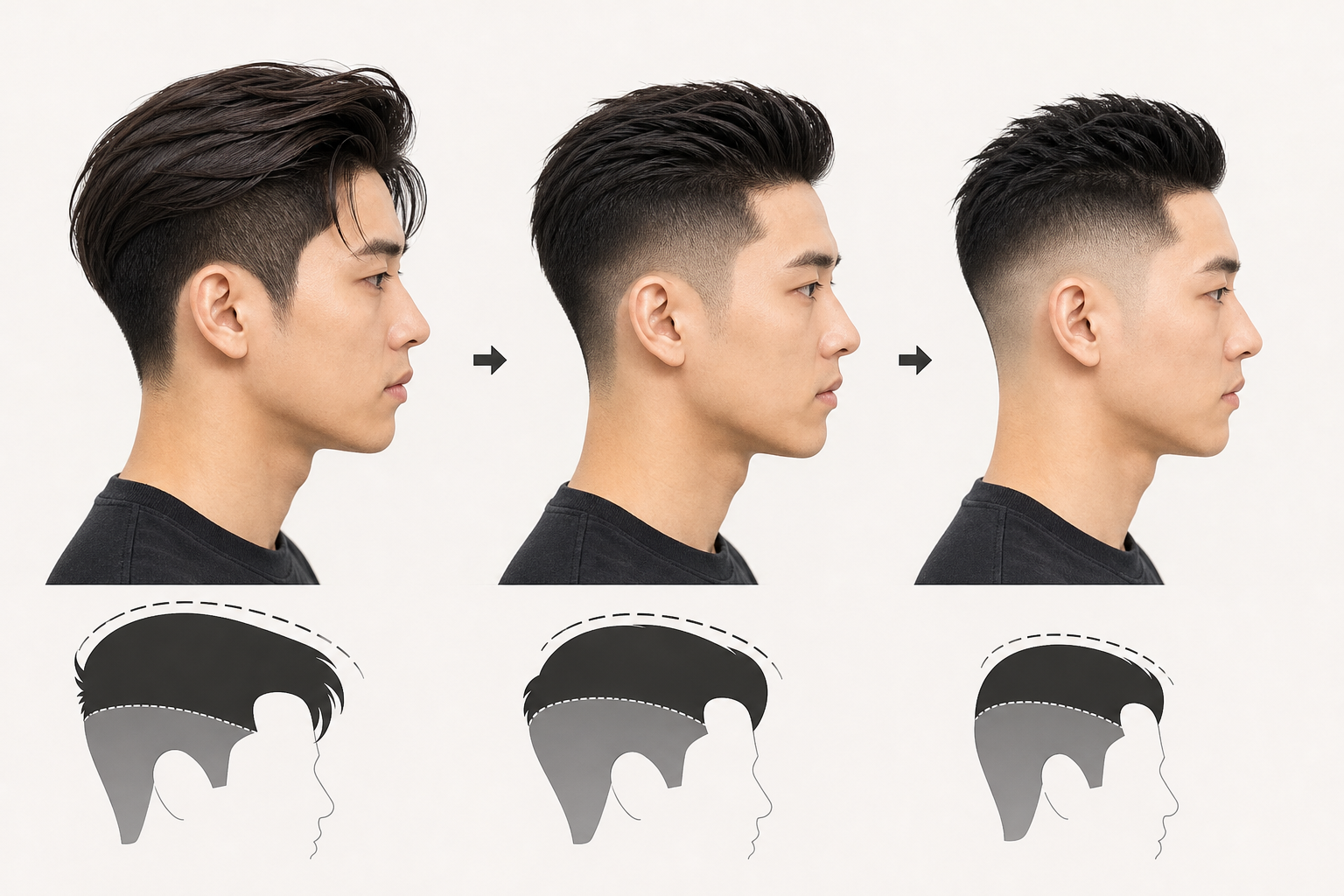 Ba kiểu tóc undercut nhìn ngang với phần đỉnh dài ngắn khác nhau, bên dưới là sơ đồ đường ngắt và vùng cắt ngắn hai bên.