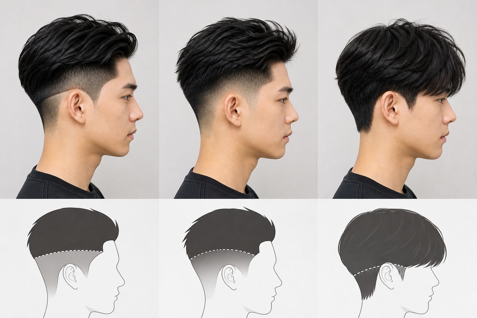 Ba kiểu tóc nam nhìn nghiêng với phần tóc hai bên cắt gọn khác nhau, kèm hàng minh họa đường chia và vùng cắt bên dưới.