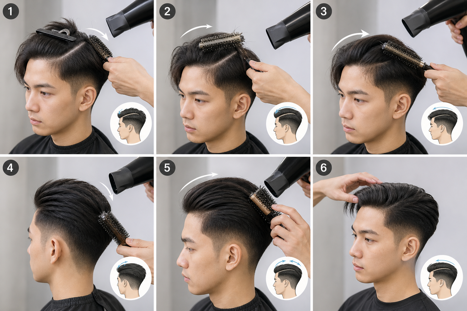 Người thợ sấy và chải phần tóc đỉnh của nam giới theo từng bước trong kỹ thuật cắt undercut, giữ nếp tóc hướng về sau.