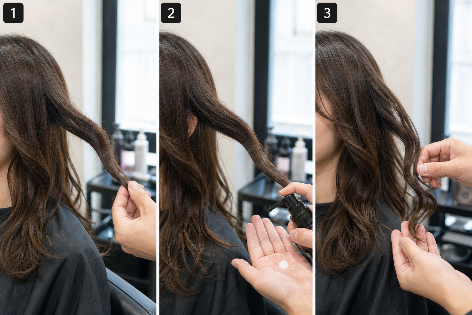 Người thợ tóc cầm lọn tóc uốn gợn sóng và thoa một ít sản phẩm tạo kiểu trong salon