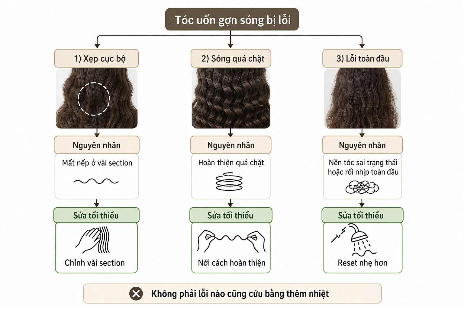 Sơ đồ về tóc uốn gợn sóng bị lỗi, chia ba trường hợp xẹp cục bộ, sóng quá chặt và lỗi toàn đầu.