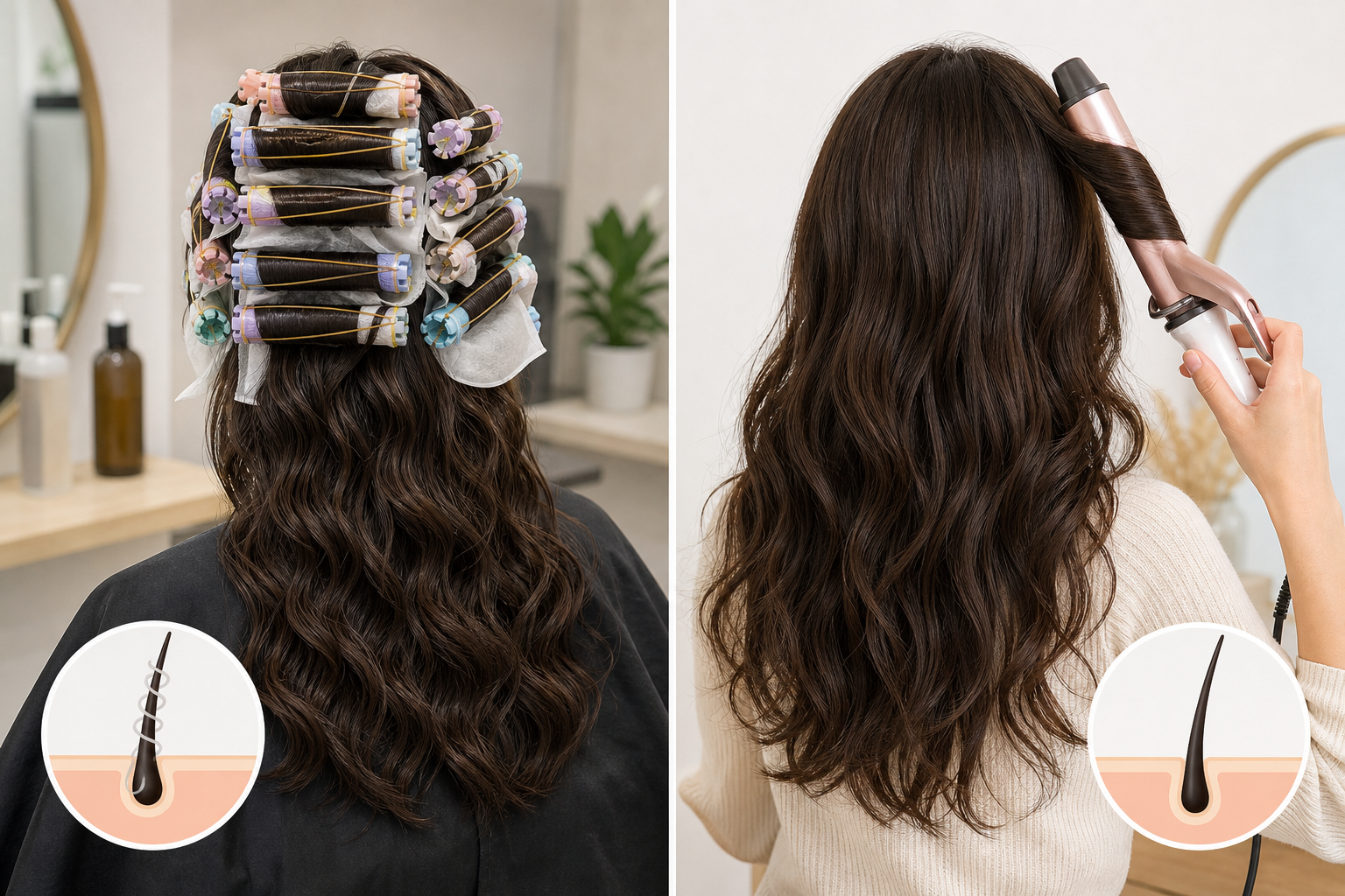 Tóc uốn sóng lơi được kẹp lô lớn ở salon bên trái và được uốn bằng máy tại nhà bên phải