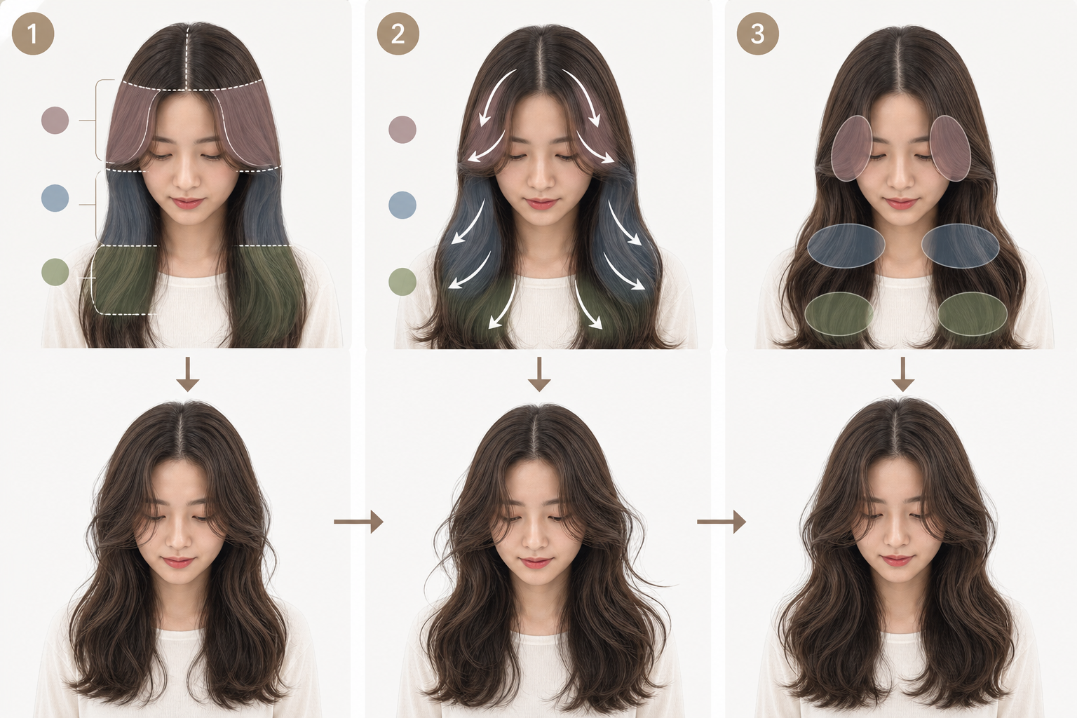 Biểu đồ ba bước về tóc uốn sóng lơi trên người mẫu nữ, với các lớp tóc được chia vùng và mũi tên chỉ hướng rơi của lọn tóc.