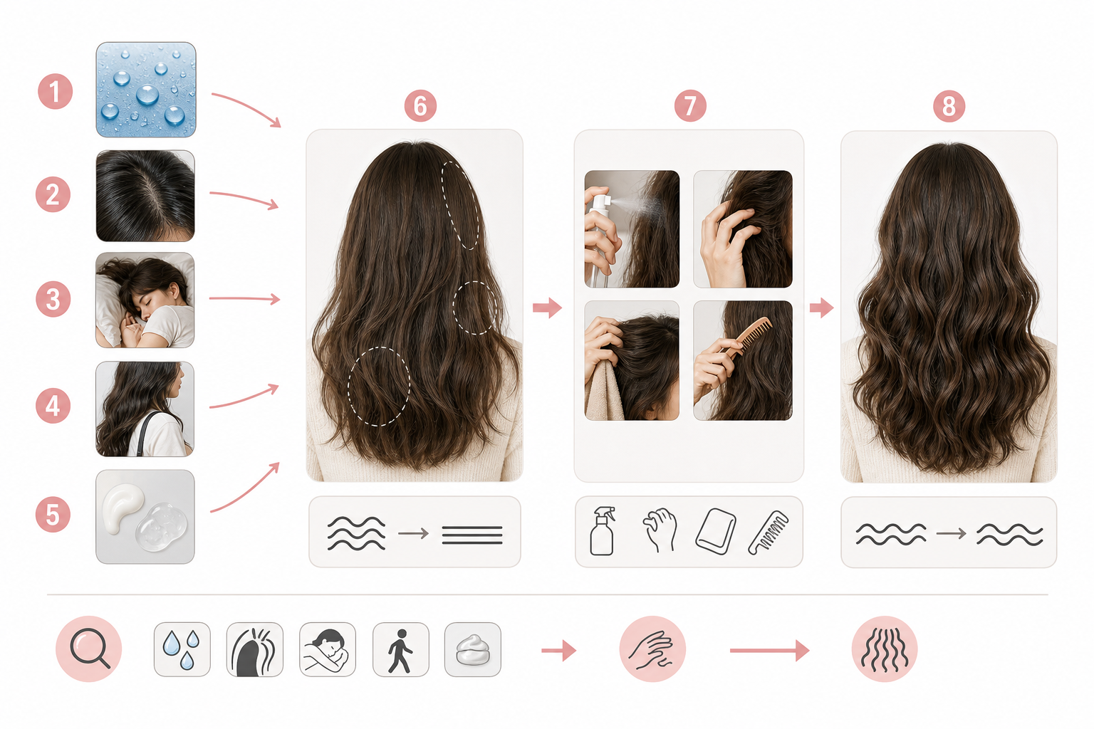 Sơ đồ tóc uốn sóng lơi bị xẹp với các nguyên nhân và cách chỉnh lại bằng xịt nước, vuốt tay, khăn và lược