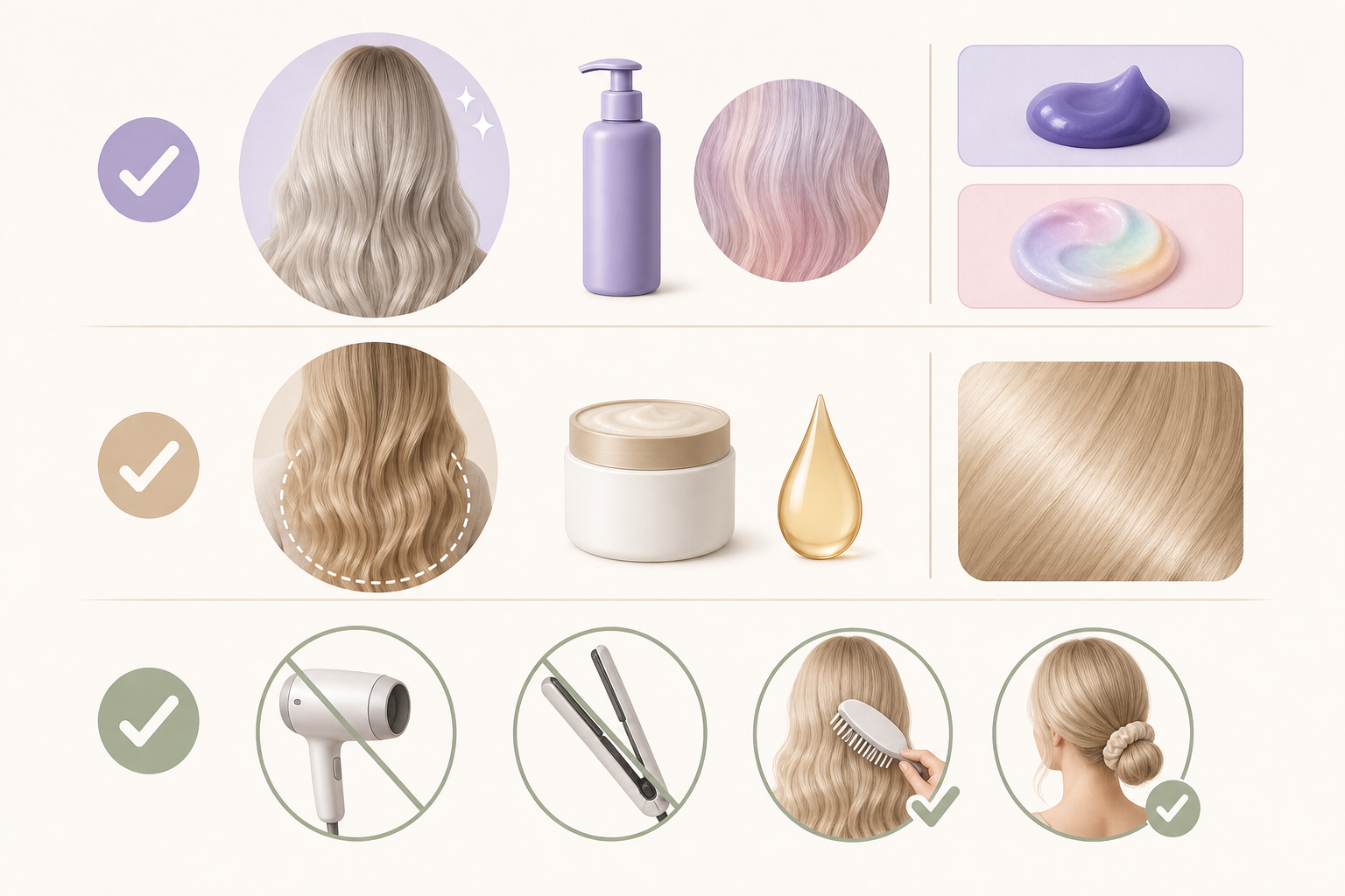 Infographic chăm sóc tóc vàng móc light với tóc uốn, chai dầu gội màu tím, kem dưỡng và các biểu tượng nên làm, không nên làm