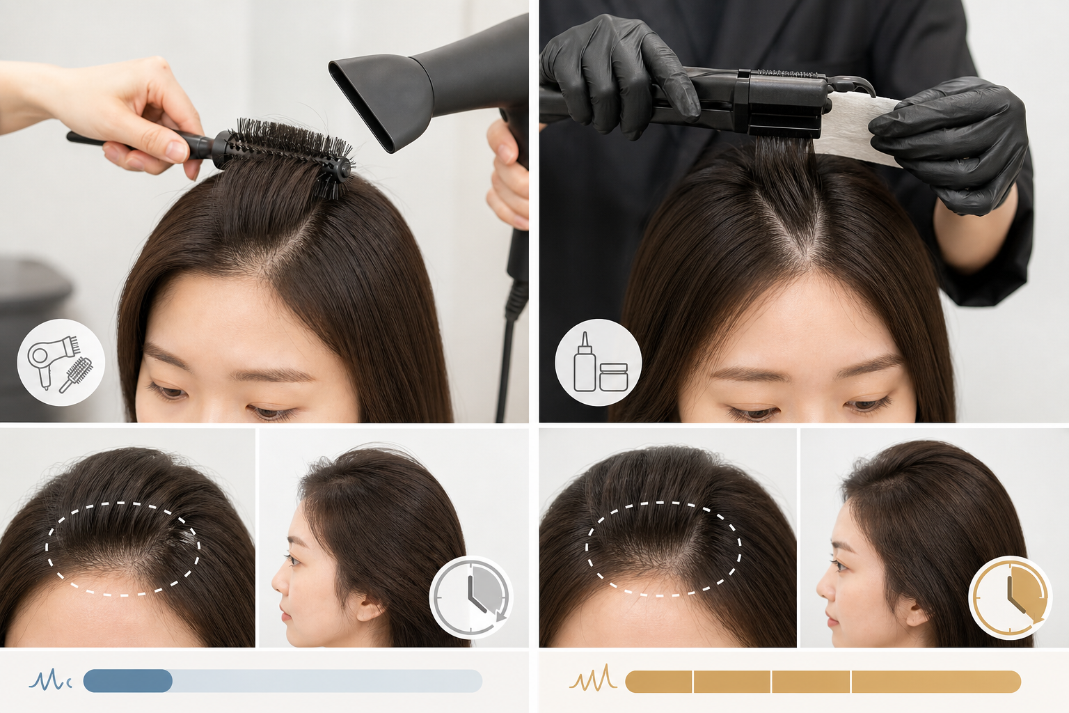 Thợ salon dùng máy sấy và lược tròn nâng phồng chân tóc cho khách, phần tóc trên đỉnh được kéo dựng lên khi tạo kiểu.
