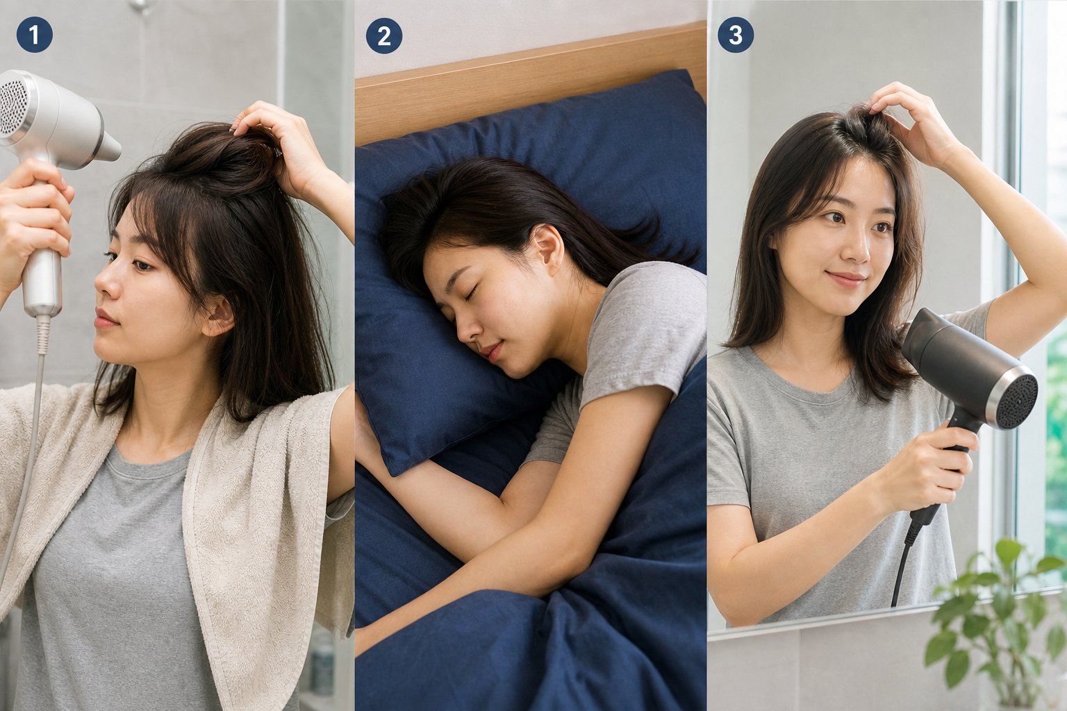 Ba cảnh một phụ nữ sấy tóc, ngủ trên gối và tiếp tục uốn phồng chân tóc vào buổi sáng hôm sau.