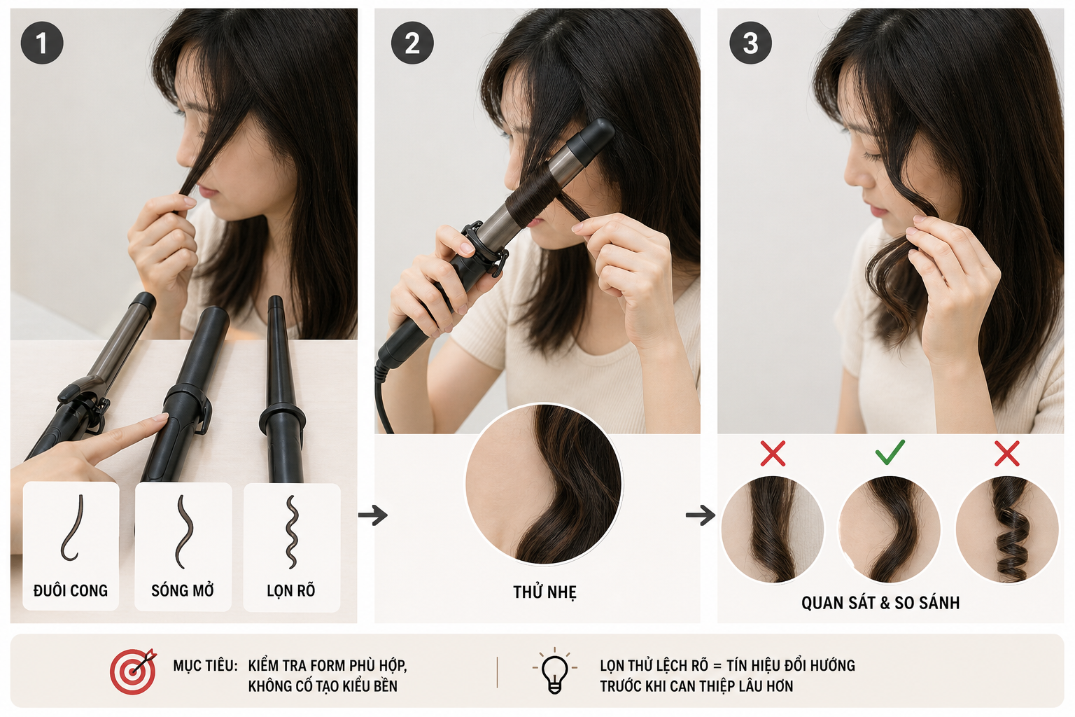 Người phụ nữ cầm lọn tóc trước các máy uốn tóc, minh họa các mức uốn tóc từ đuôi cong đến lọn rõ trong ba khung hình.